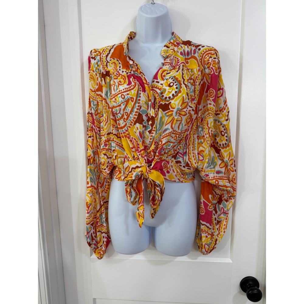 Rachel Zoe Paisley Eyelet Front Tie Crop Blouse Orange Yellow Pink Medium NWT